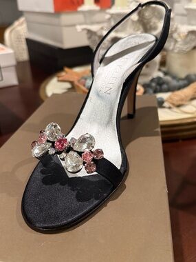 Anne Klein Black Satin Jeweled Slingback Sandal